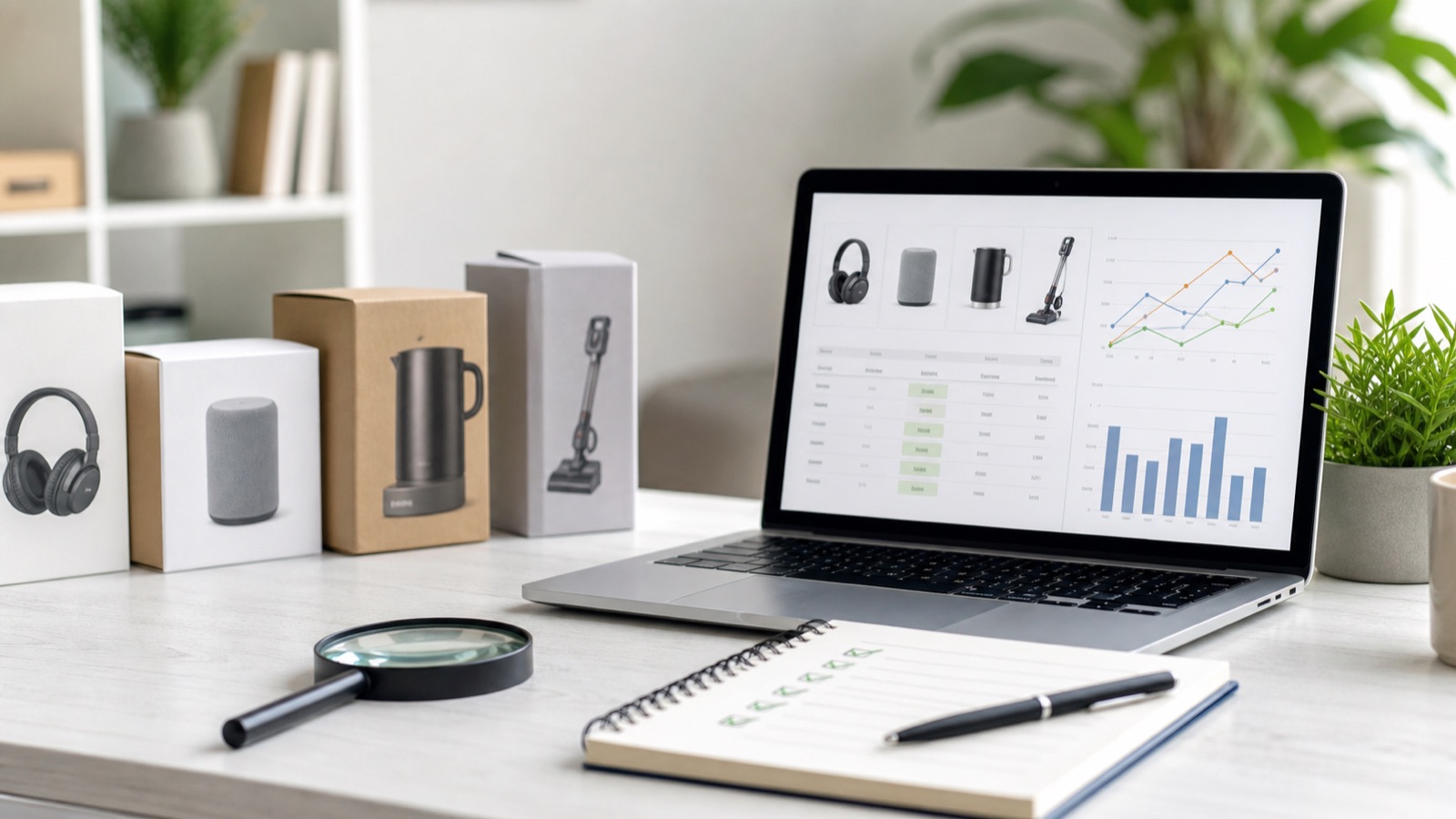 Schreibtisch mit Produktrecherche, Diagrammen und Prüfliste